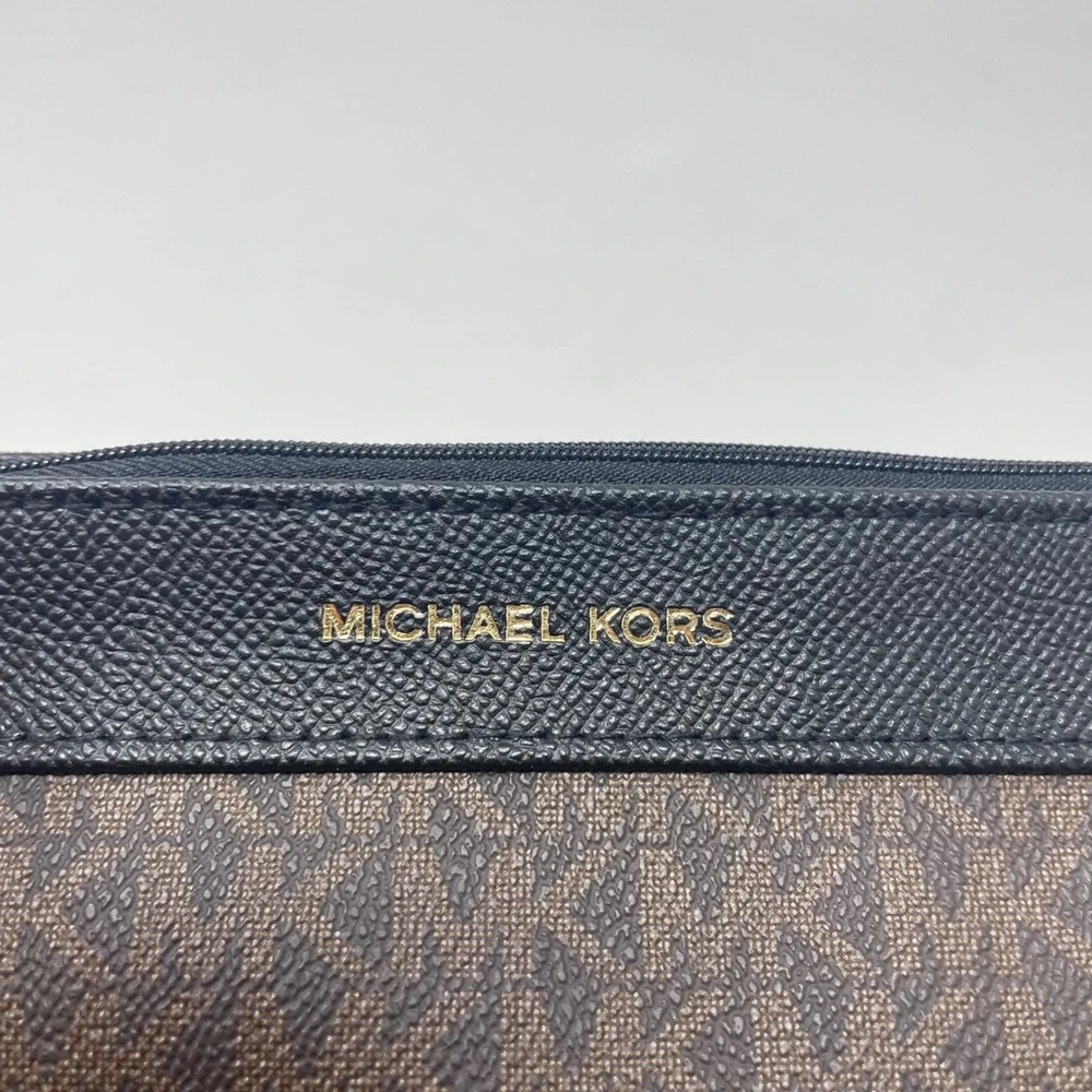 Michael Kors Brown Signature Logo Cosmetic Pouch Black Leather Trim Gold HW